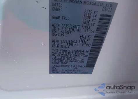 2013 Infiniti Jx35 from USA, damaged, VIN 5N1AL0MM8DC342840